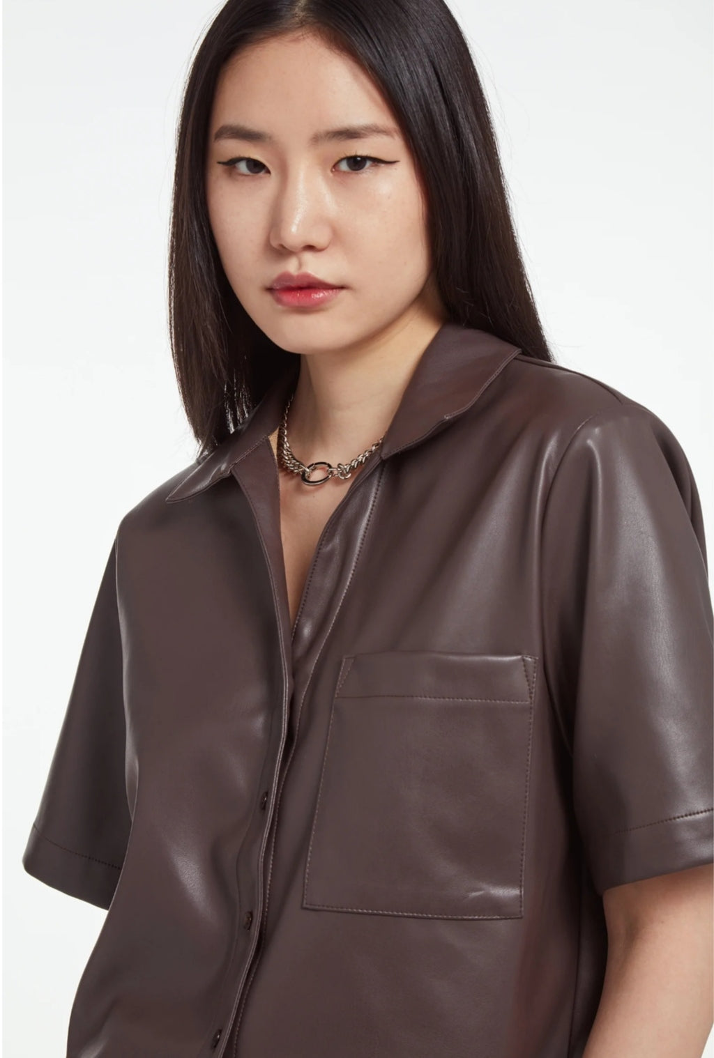 Women's Half Sleeve Short Leather Shirt In Coffee Brown