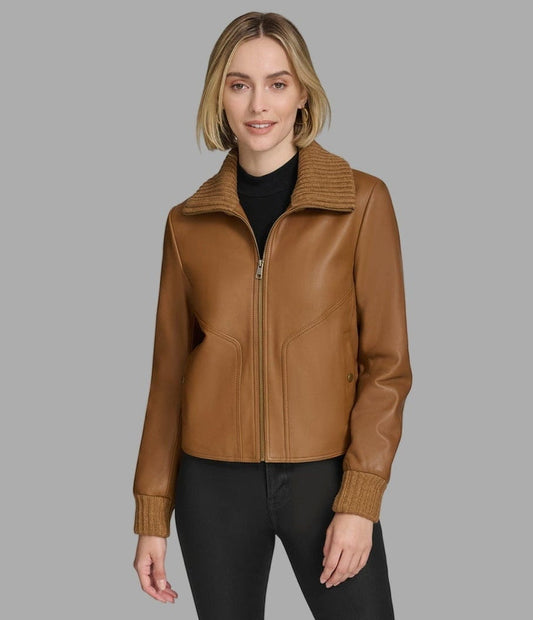 Women's Harrington Bomber Leather Jacket In Brown - Arcane Fox