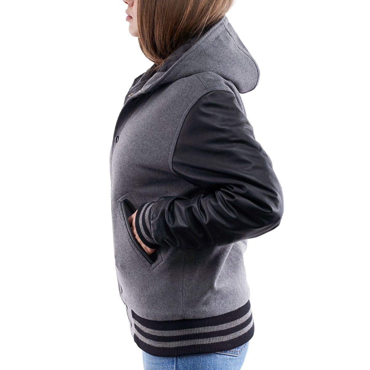 Women's Hooded Letterman Leather Jacket In Gray