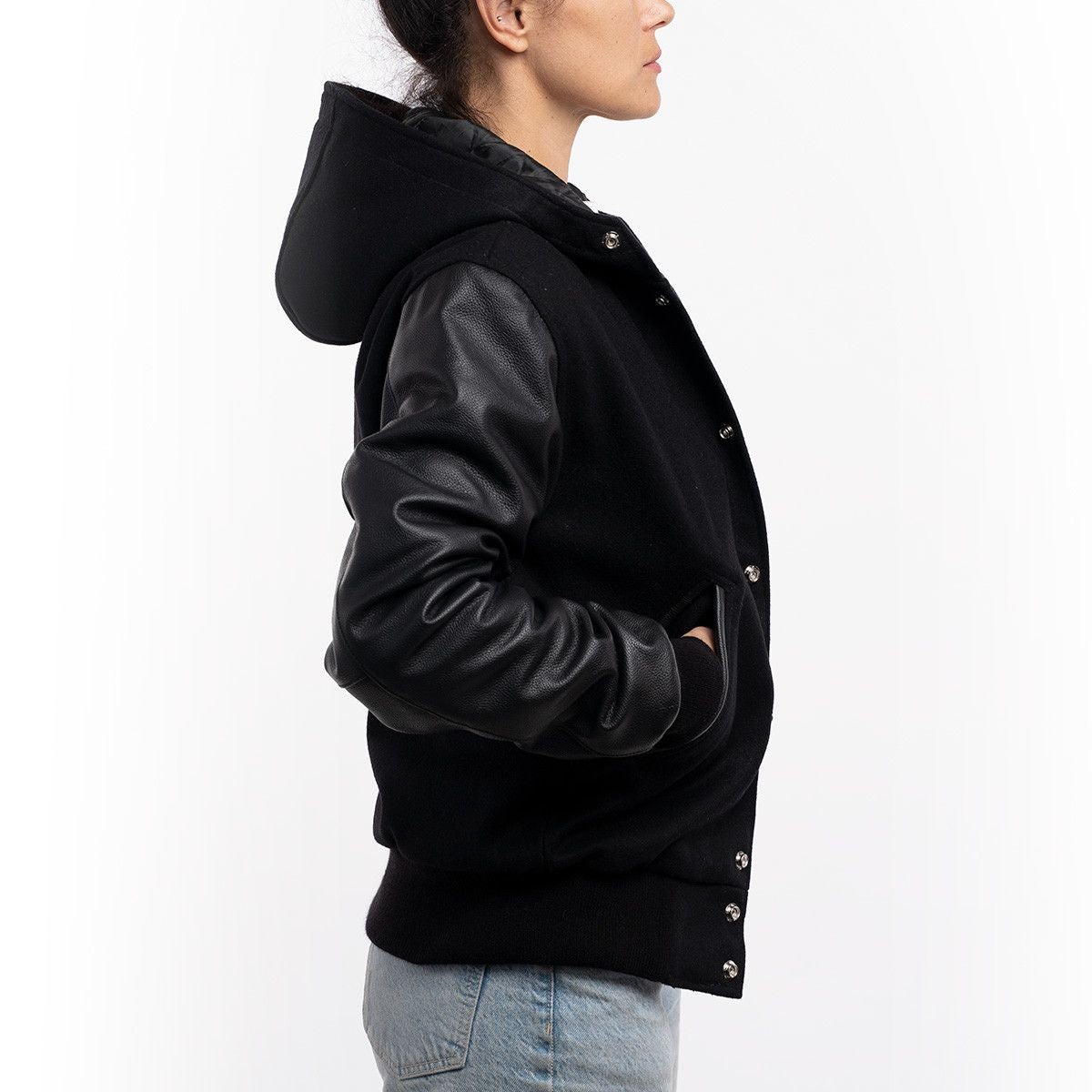 Women's Hooded Varsity Leather Jacket In Black