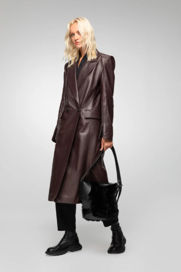 Women's Leather Trench Coat In Coffee Brown