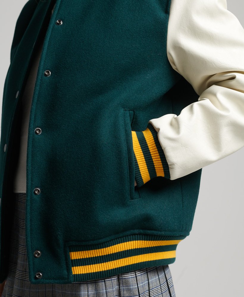 Women's Letterman Bomber Leather Jacket In See Green & White Sleeves