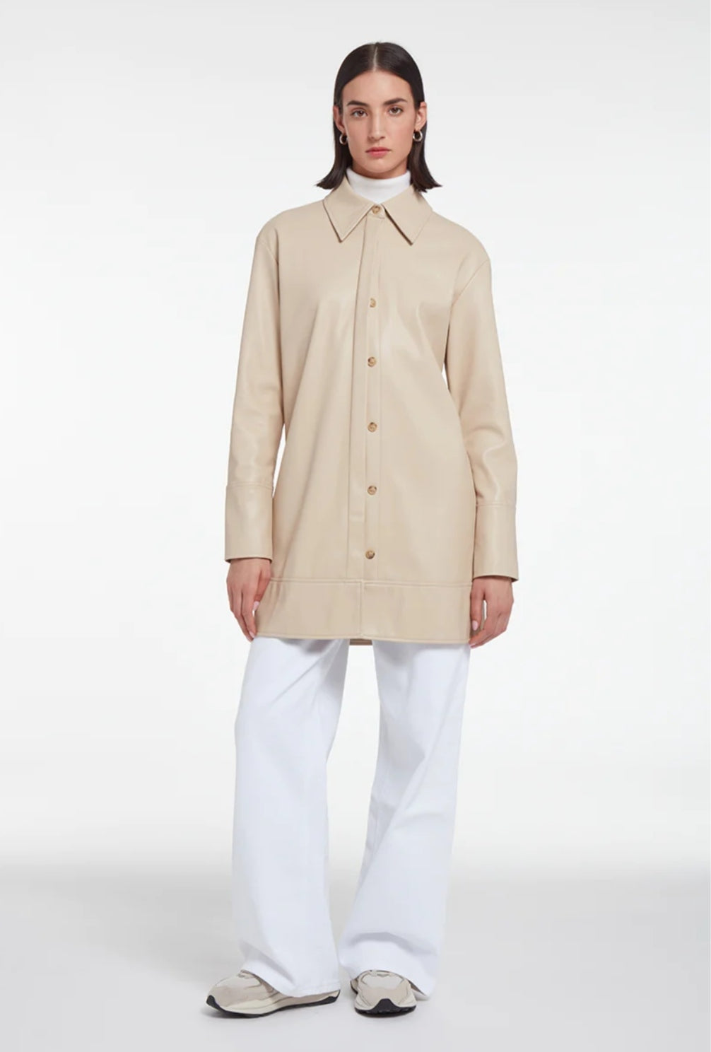 Women's Long Leather Shirt In Beige