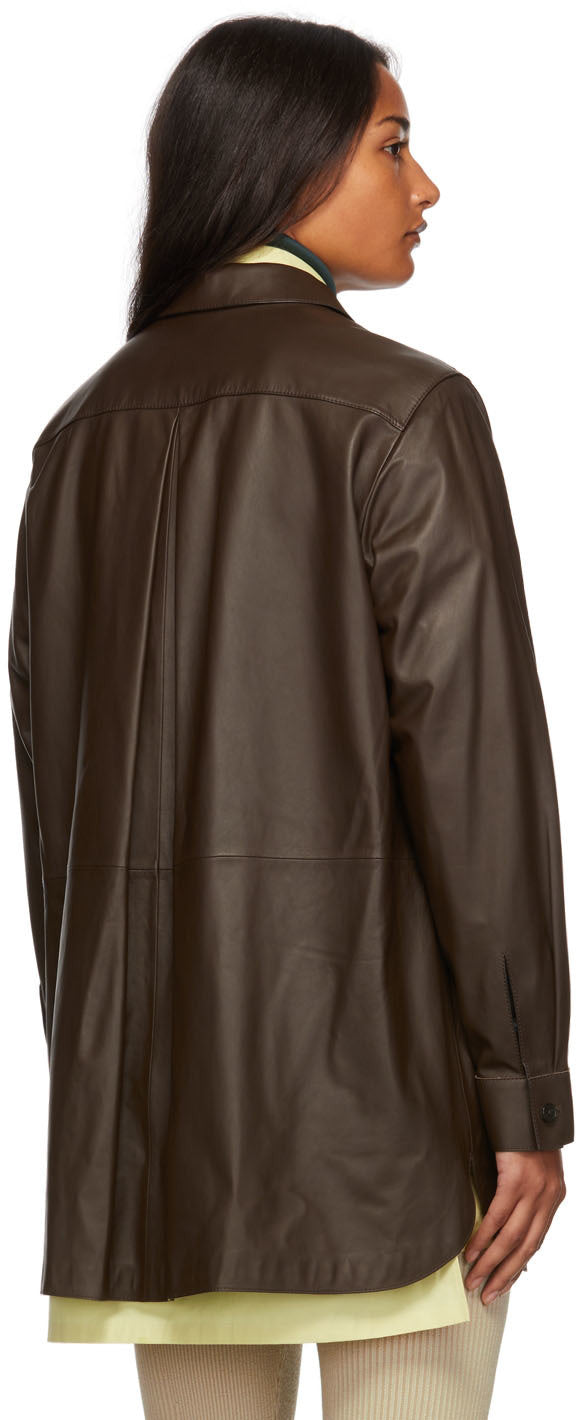 Women's Long Sheepskin Leather Shirt In Dark Brown
