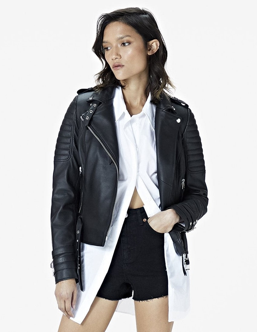 Women's Moto Cafe Racer Leather Jacket In Black