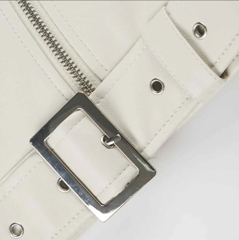 Women's Off White Belted Studded Leather Jacket