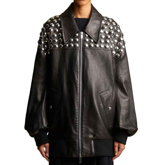 Arcane Fox - Women's Oversized Studded Bomber Leather Jacket In Black
