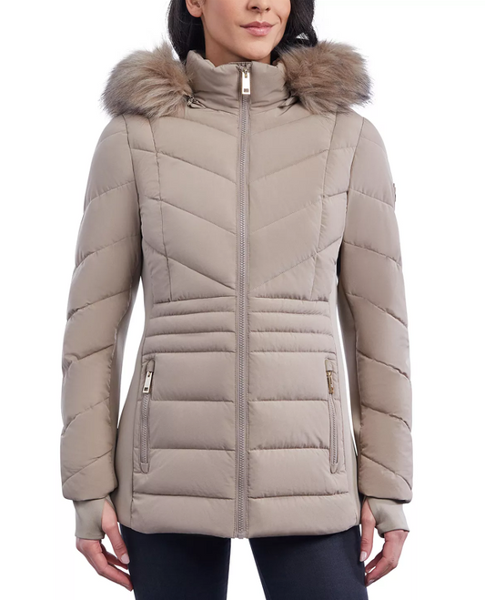 Arcane Fox - Women's Puffer Parka Jacket In Beige With Fur Hood