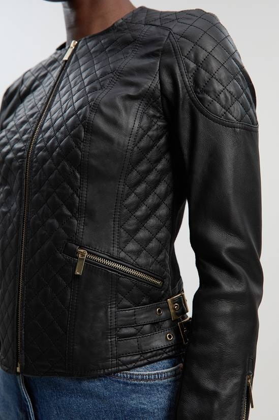 Women's Quilted Black Motorcycle Leather Jacket - Arcane Fox