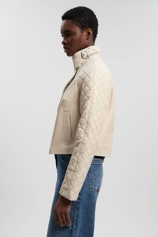 Women's Quilted Cropped Leather Jacket In Off White - Arcane Fox