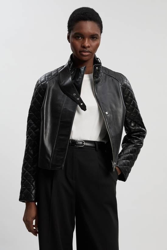 Women's Quilted Sleeves Black Leather Jacket - Arcane Fox