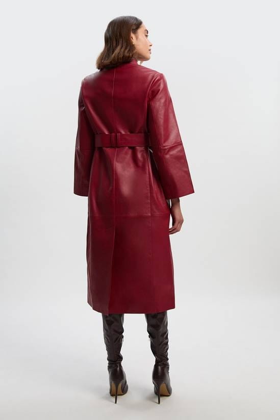 Women's Red Trench Leather Coat With Belted Waist - Arcane Fox