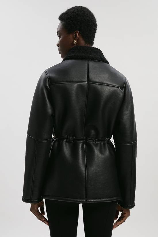 Women's Shearling Black Leather Jacket With Button Closure