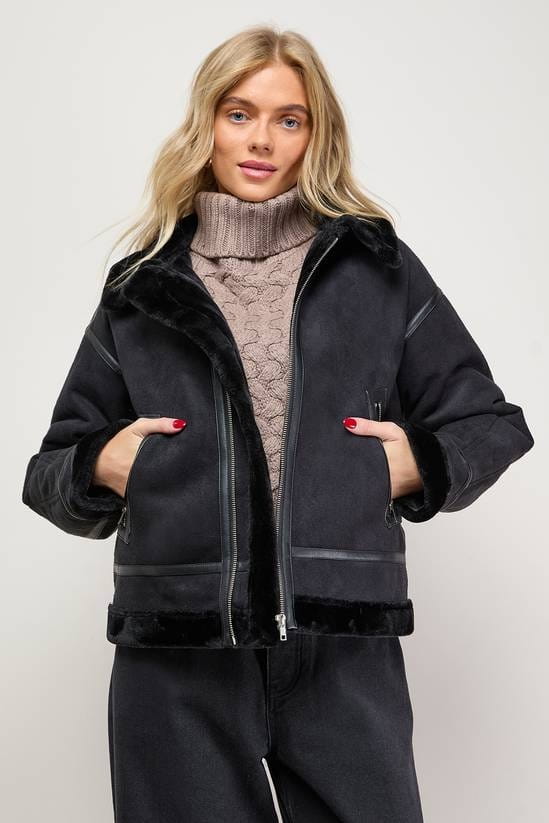 Women's Shearling Sheepskin Black Leather Jacket - Arcane Fox