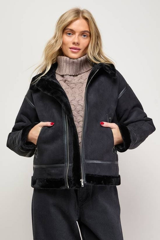 Women's Shearling Sheepskin Black Leather Jacket - Arcane Fox