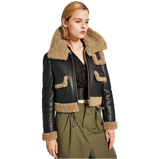 Arcane Fox - Women's Sheepskin Cropped Aviator Leather Jacket In Black