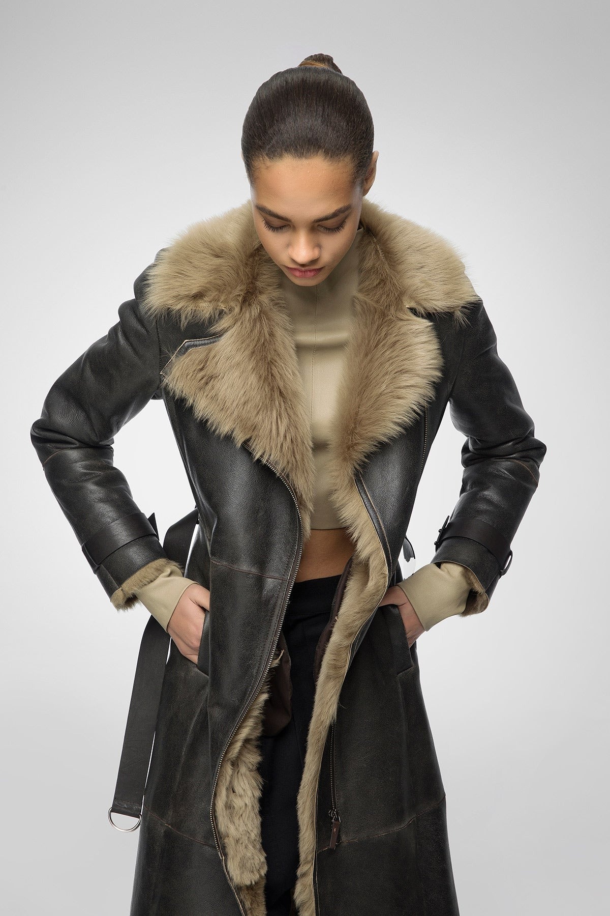 Women's Sheepskin Fur Leather Coat In Coffee Brown