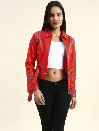 Women's Studded Leather Biker Jacket In Red
