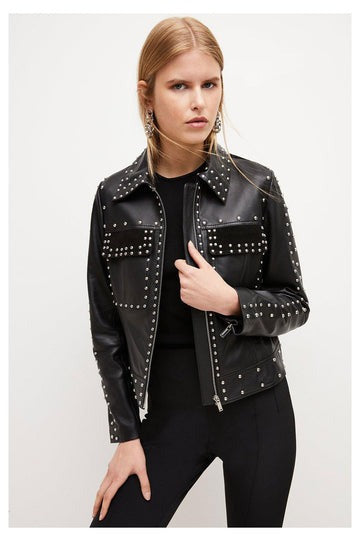 Arcane Fox - Women's Studded Trucker Leather Jacket In Black