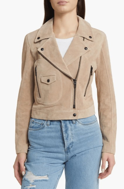 Women's Suede Biker Leather Jacket In Tan Beige