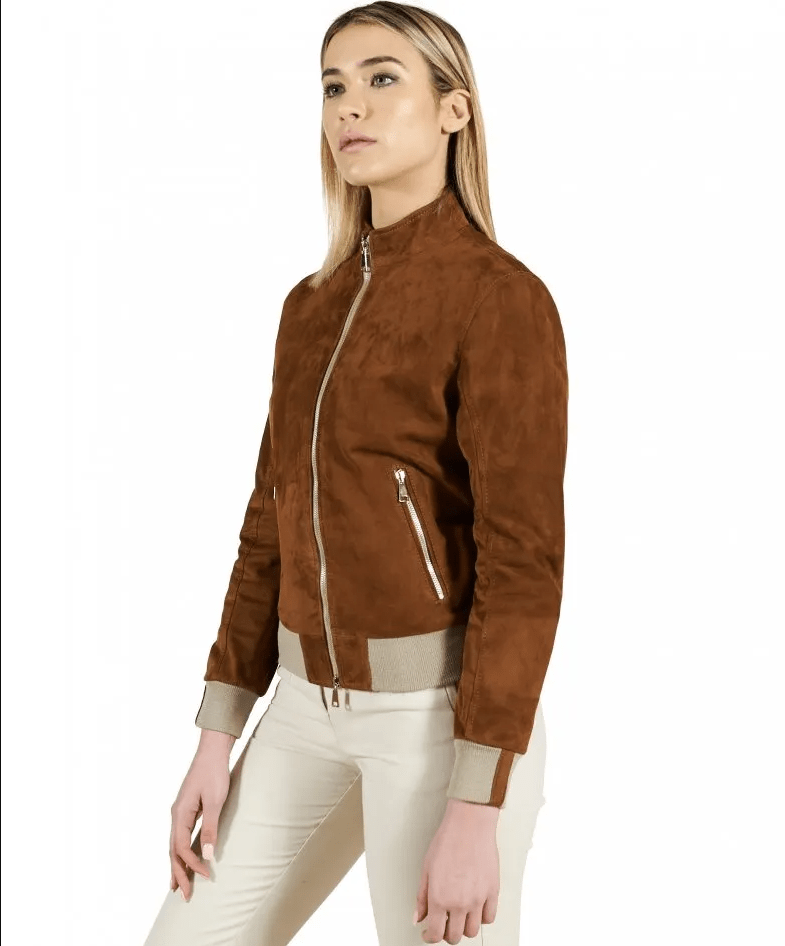 Women's Suede Bomber Leather Jacket In Dark Brown