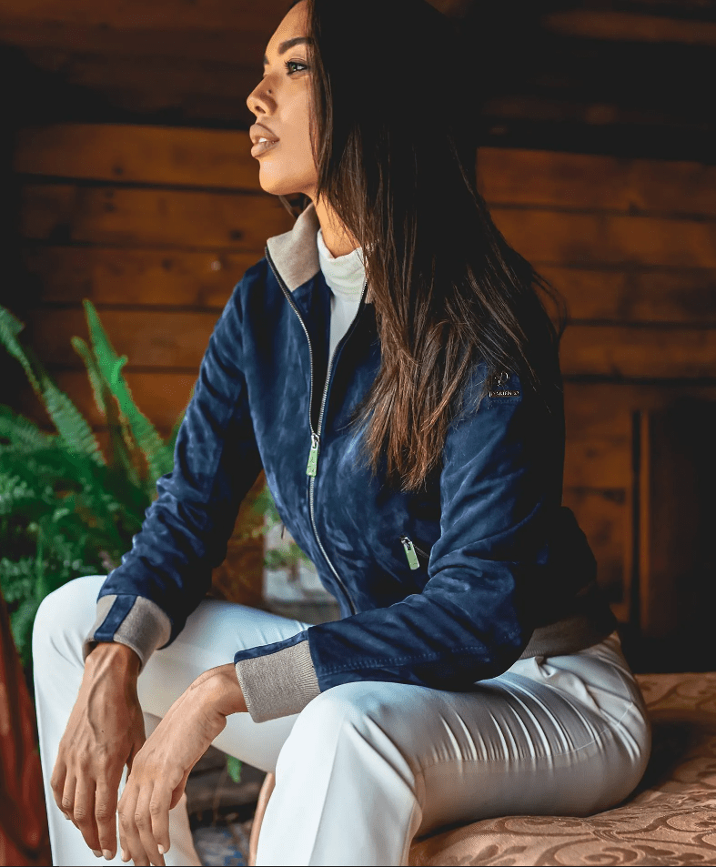 Women's Suede Bomber Leather Jacket In Royal Blue