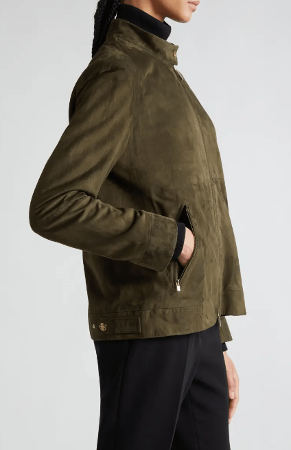 Women's Suede Leather Motorcycle Jacket In Khaki