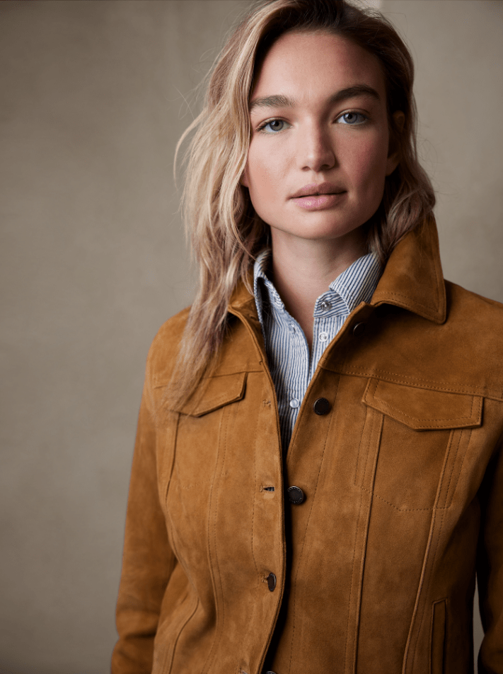 Women's Suede Trucker Leather Jacket In Brown