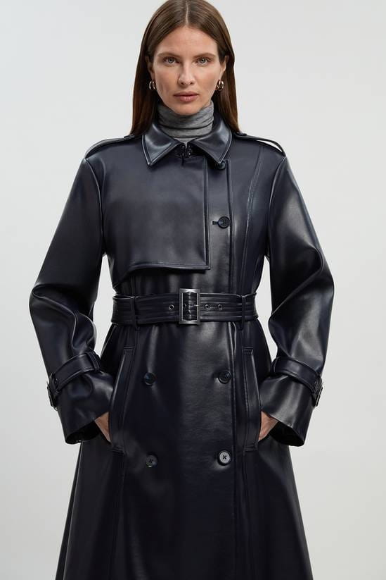 Women's Trench Black Leather Coat With Belted Waist - Arcane Fox