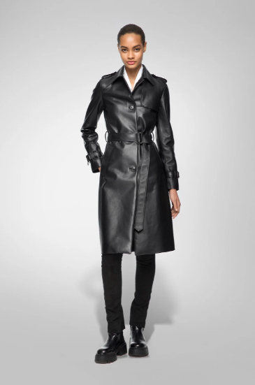 Women's Trench Leather Coat In Black With Belted Waist