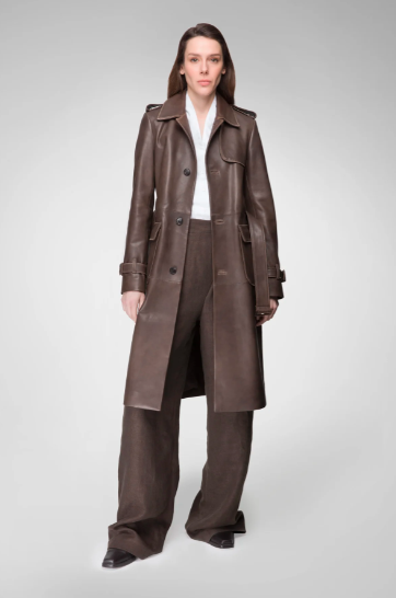 Women's Trench Leather Coat In Coffee Brown