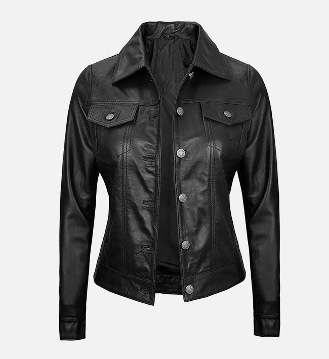 Women's Trucker Black Lambskin Leather Jacket - Arcane Fox