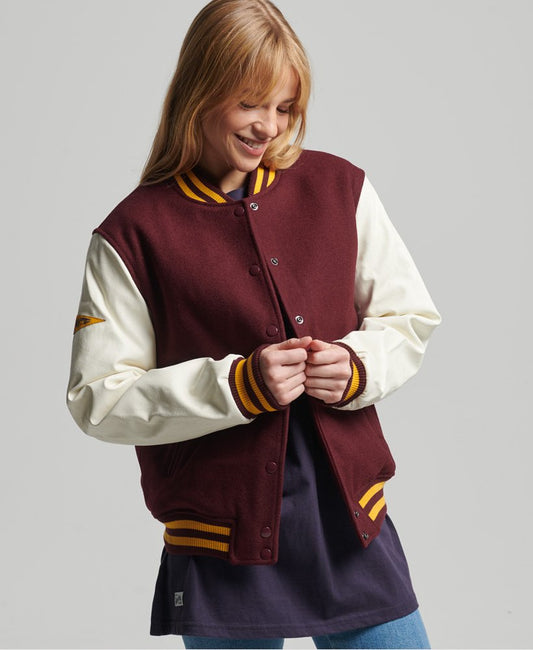 Women's Varsity Bomber Leather Jacket In Maroon & White Sleeves