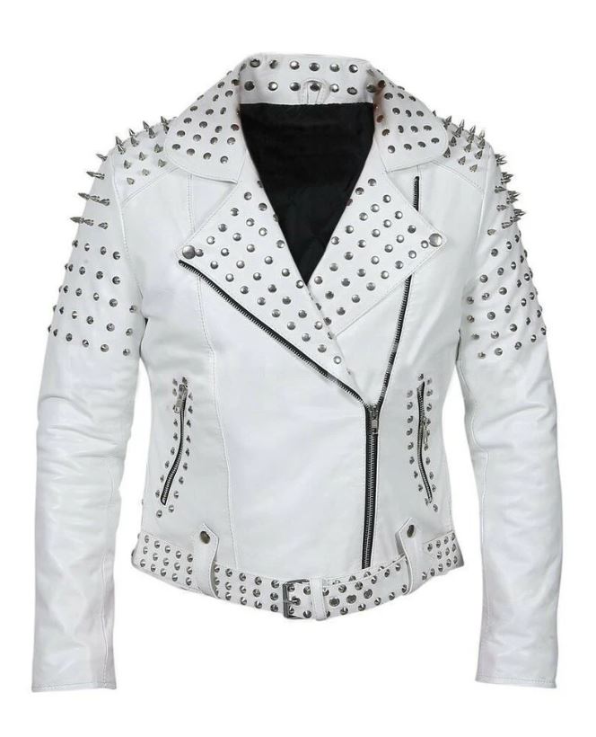 Women's White Belted Studded Leather Jacket