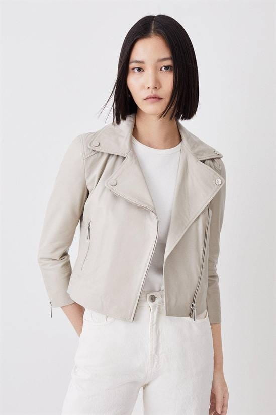 Women's White Biker Leather Jacket With 3/4 Sleeves - Arcane Fox
