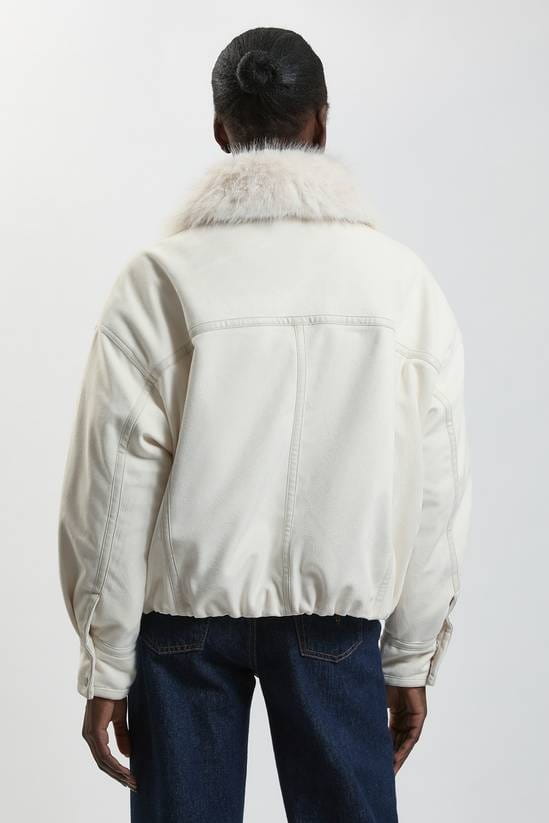 Women's White Harrington Leather Jacket With Shearling Collar - Arcane Fox
