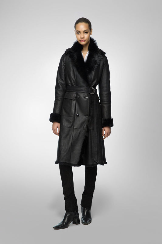 Women's Belted Shearling Bomber Leather Coat In Black