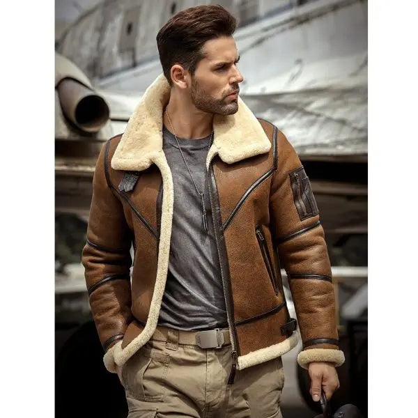 Men's B3 Aviator Fur Leather Jacket In Brown - Arcane Fox Men's B3 Aviator Fur Leather Jacket In Brown - Arcane Fox