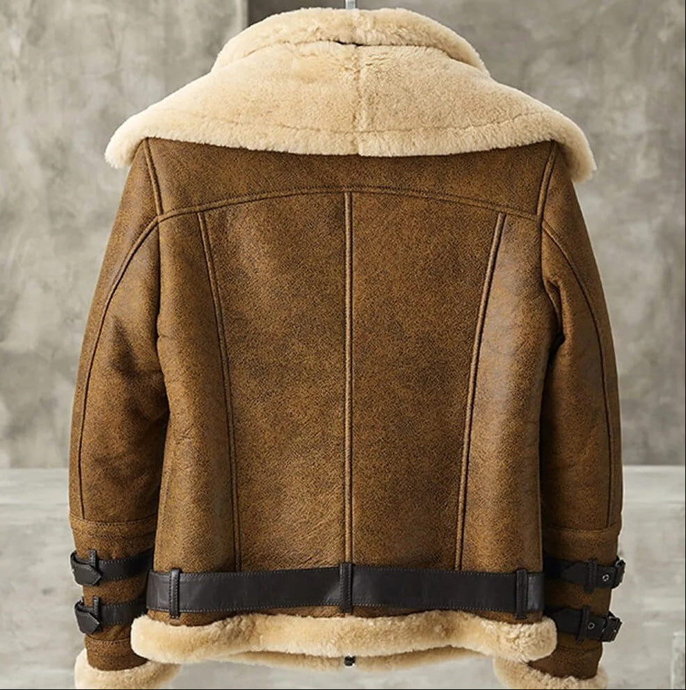 Men's B3 Belted Shearling Leather Jacket In Brown With Oversized Collar - Arcane Fox
