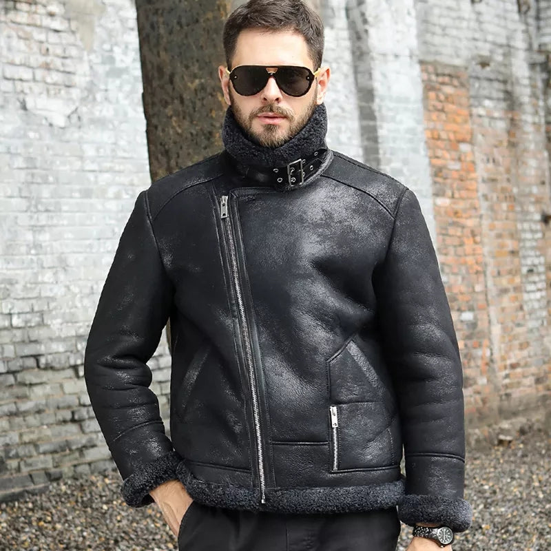 Men's B3 Shearling Biker Black Leather Jacket