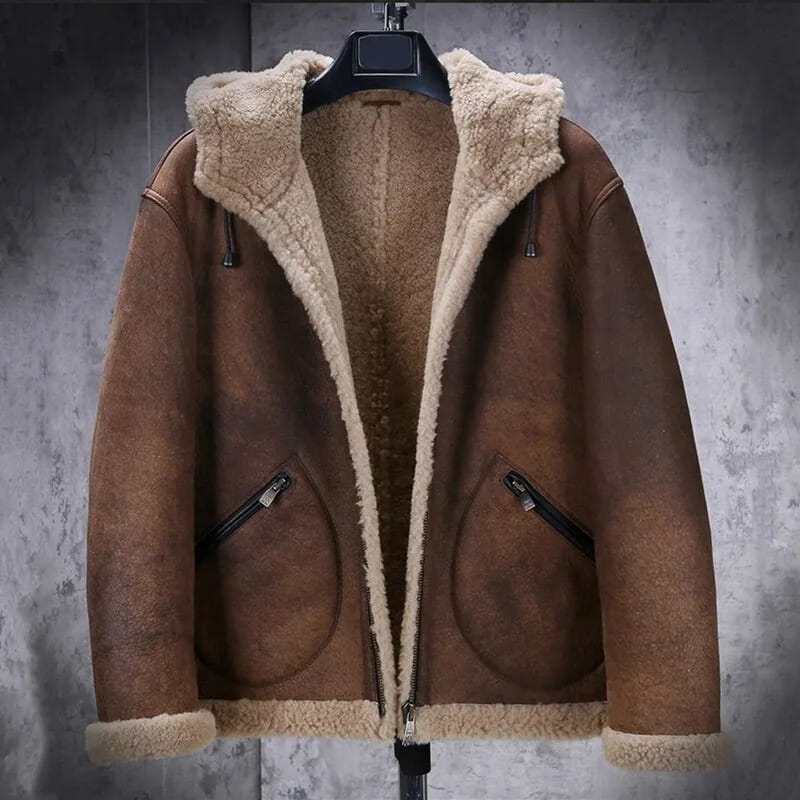 Men's B3 Shearling Hooded Leather Jacket In Dark Brown - Arcane Fox