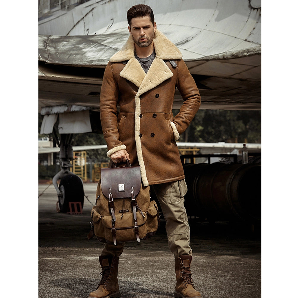 Men's Sheepskin Leather Coat In Brown