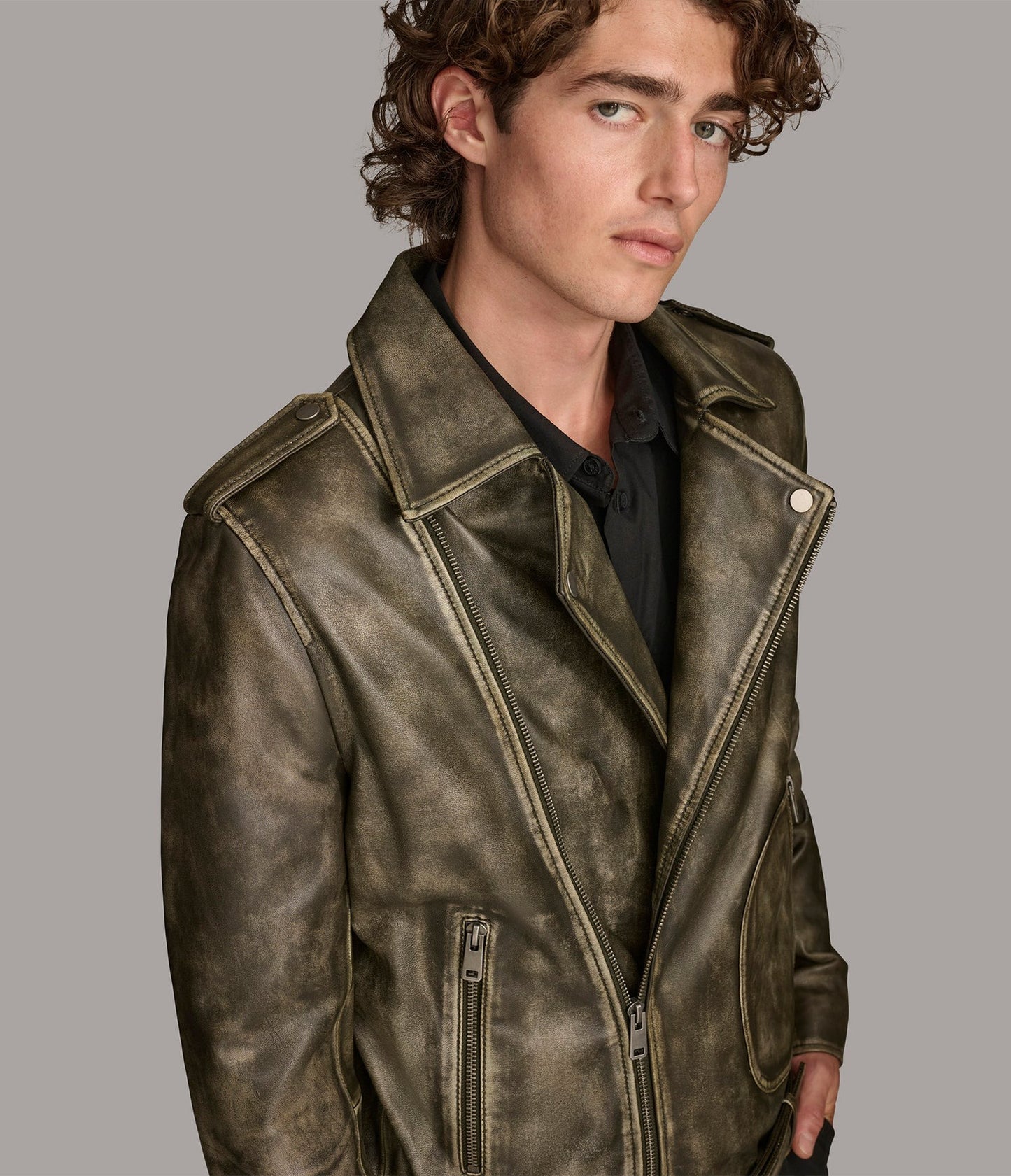 Men's Belted Distressed Biker Leather Jacket