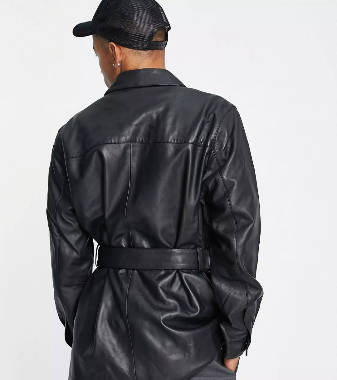 Men's Belted Leather Shirt In Black