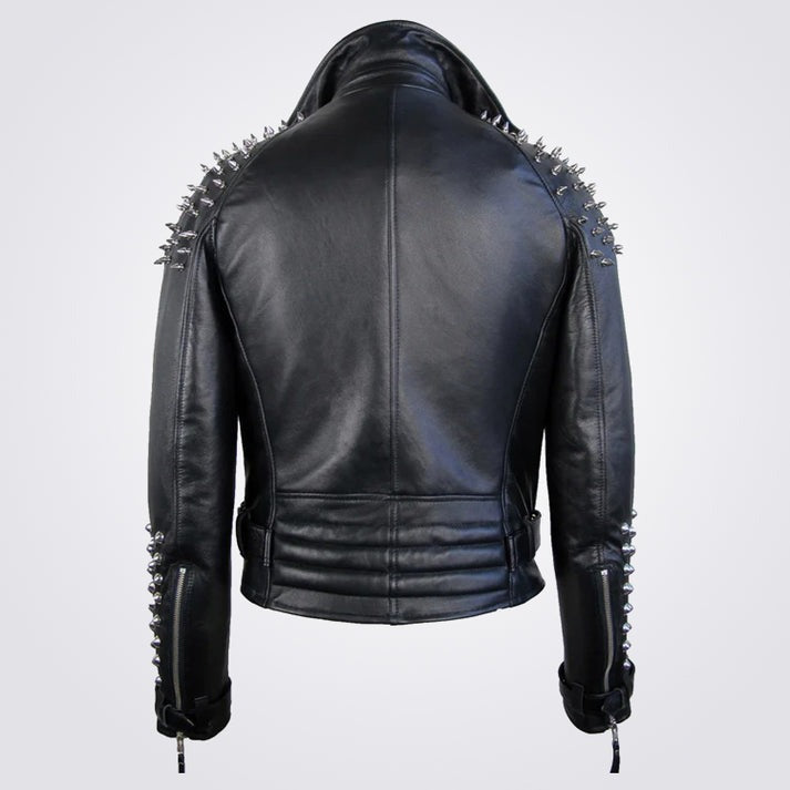 Men's Belted Studded Black Leather Jacket - Arcane Fox
