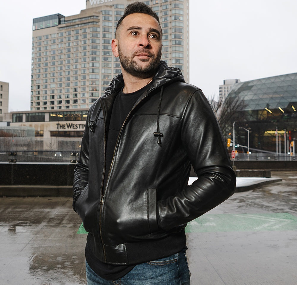 Men's Black Bomber Hooded Leather Jacket