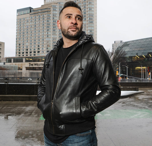 Men's Black Bomber Hooded Leather Jacket
