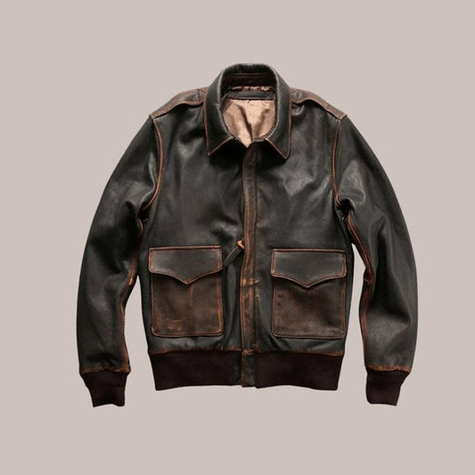 Men's Black Distressed Bomber Leather Jacket