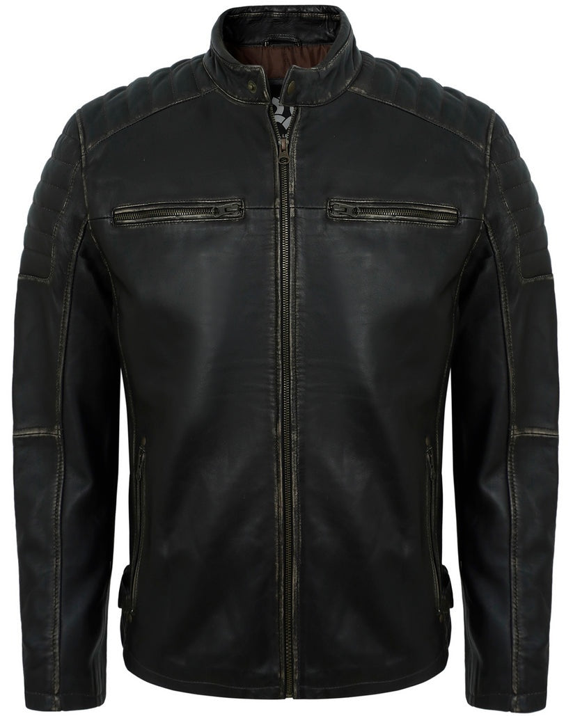 Men's Black Distressed Cafe Racer Leather Jacket
