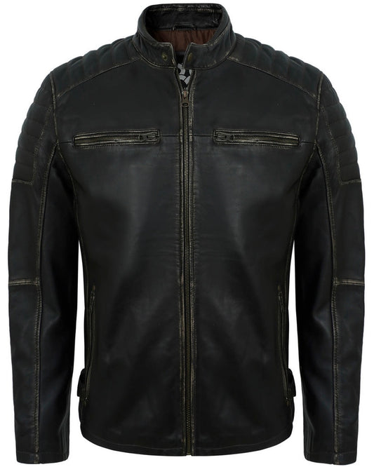 Men's Black Distressed Cafe Racer Leather Jacket